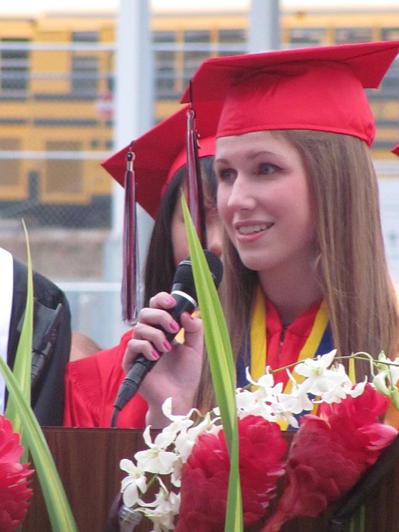 CHS valedictorians mentioned some of the highlights of living in Camas. They included Top Burger and Lacamas Lake. "Some of us have been a part of the Camas community since we were in kindergarten," said Lisa Nicholson. "Others even have parents or grandparents who went to Camas schools. Some of us just moved here this year. Next year, many of us will be going somewhere new and different. But we will always know that when we smell the mill, we are home."