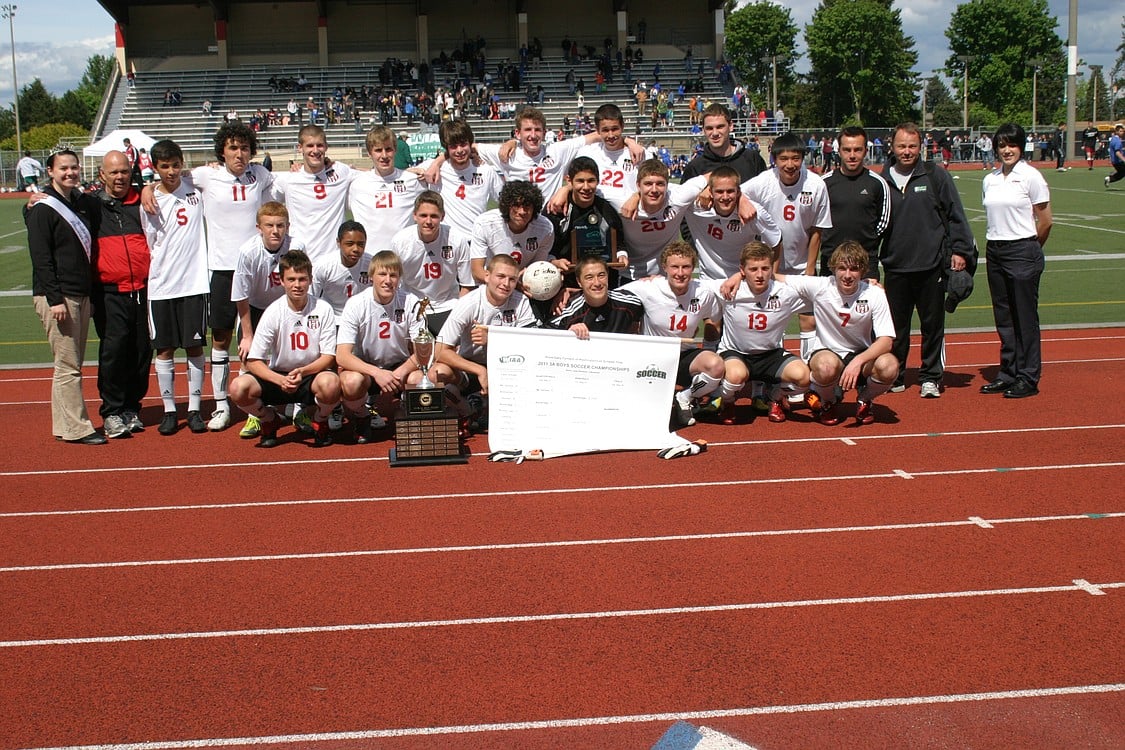 A photo of the state championship Camas boys soccer team.