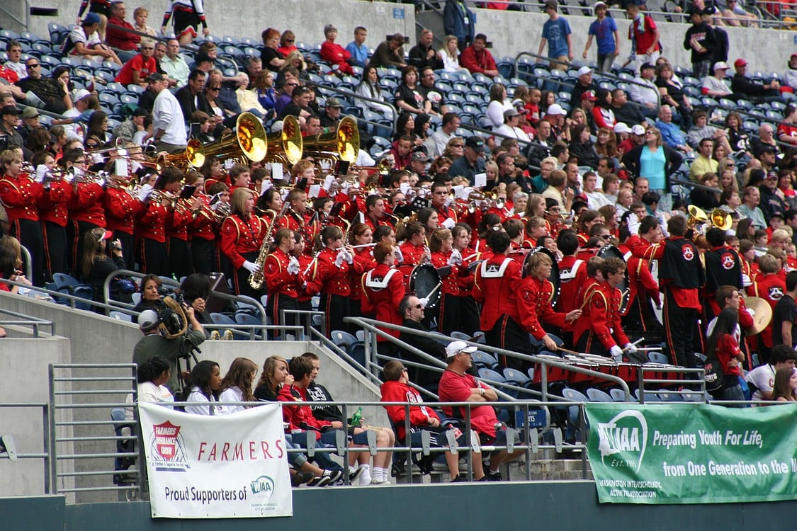 The Camas High School Marching Band plays the &quot;Papermakers go rolling along&quot; fight song.