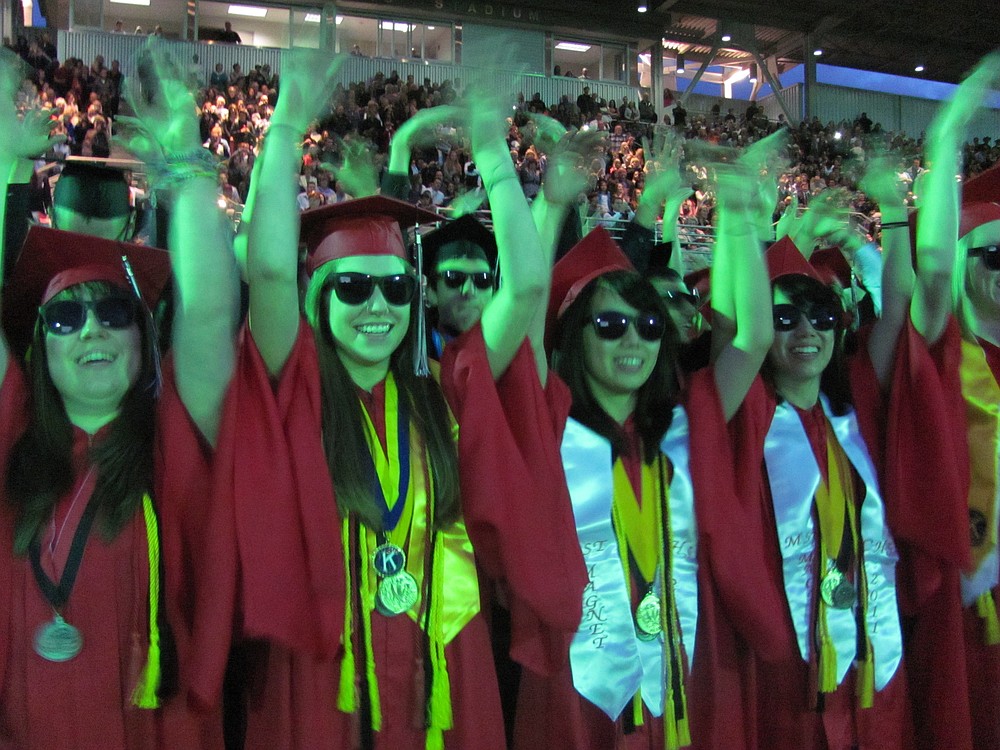 After CHS graduates moved the tassels on their caps from right to left, each student donned a pair of sunglasses and danced to Forever, by Chris Brown. At the songs conclusion, many of the graduates threw their caps into the air at Doc Harris Stadium.