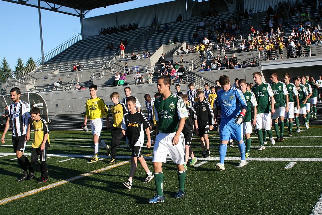 The U-23 Portland Timbers men's soccer team is welcomed to Doc Harris Stadium, in Camas.