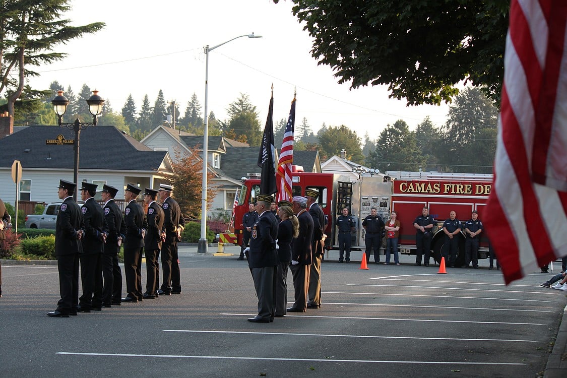 Representives from the Camas Fire Department and Veterans of Foreign Wars Post 4278 participated in Sunday's 9-11 commemoration ceremony in front of the Camas Public Library.