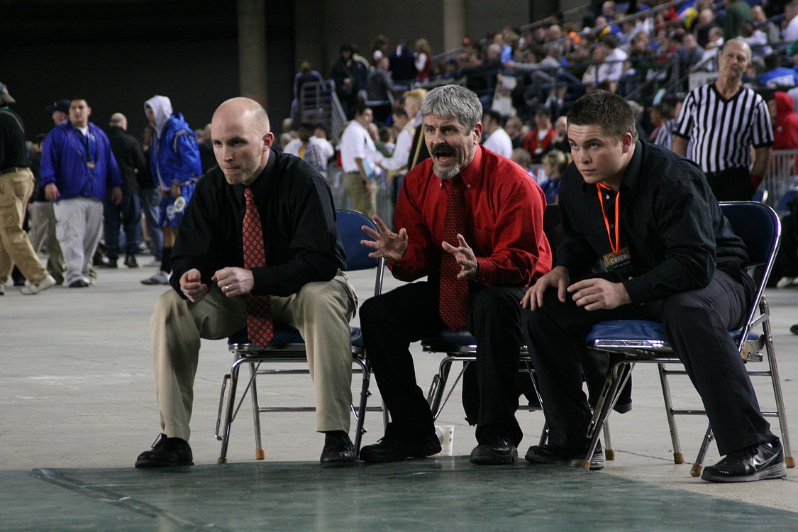 Camas coaches Alan Bohac, Glenn Hartman and Brody Faler (left to right)