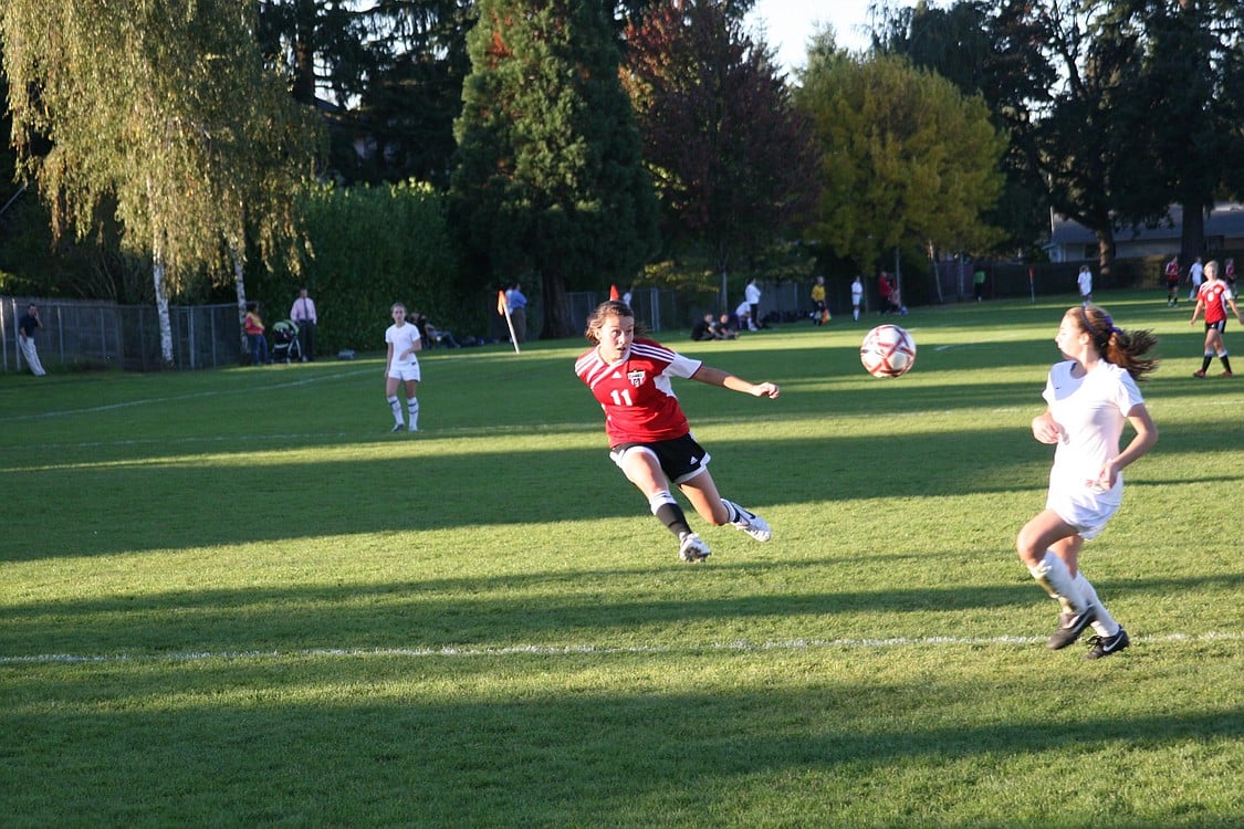 Olivia Lovell aims at the net for the Camas High School girls soccer team against Columbia River Oct. 19, at Jason Lee Middle School in Hazel Dell.