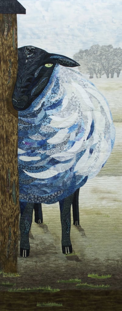 "Blue Ewe," is a fiber art panel created by Pamela Pilcher. It is on display at the Second Story Gallery as part of the September show, "What's Blue to You?"