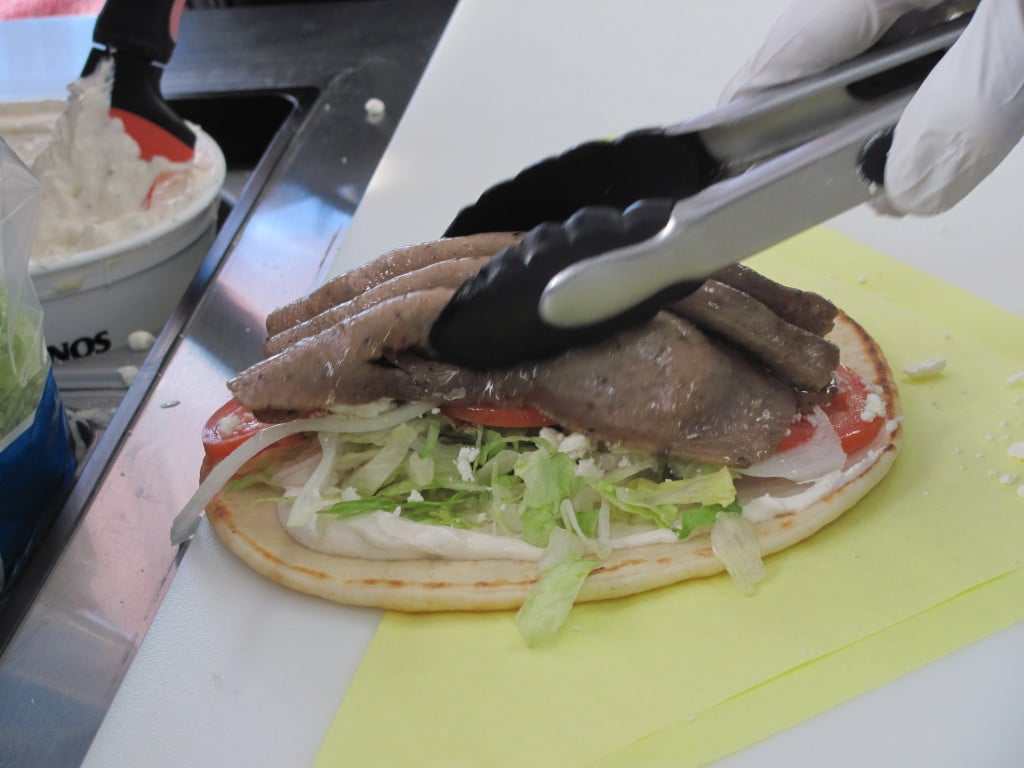 Gyros include a choice of lamb, chicken or beef, lettuce, tomato, feta cheese and tzatziki sauce.