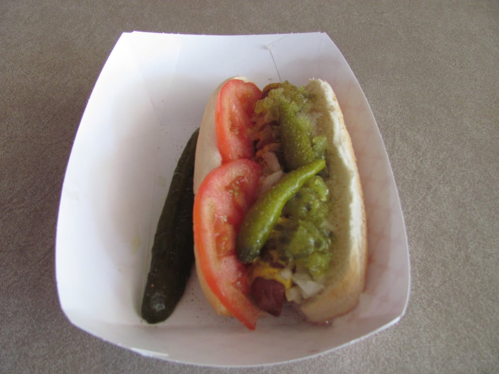 The "Washougal Dog," at River Dogs & Growlers, is a beef frank, topped with yellow mustard, tomato, sport peppers, chopped onion, dill relish and celery salt.  