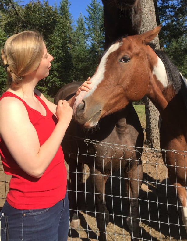 Karin Tetzner, a former German exchange student, had an opportunity to visit horses at Rolling Hills Stables, in Washougal. She helped tend to a leg wound on one of the horses. Tetzner works in an animal clinic in Hammah, near Hamburg.  