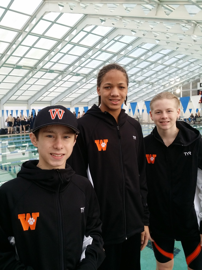 Landon Schmid, Isaiah Ross and Daniel Brown (left to right) are sending ripples through the high school boys swimming scene. These three Panthers train and compete alongside Camas, but record times and score points for Washougal.