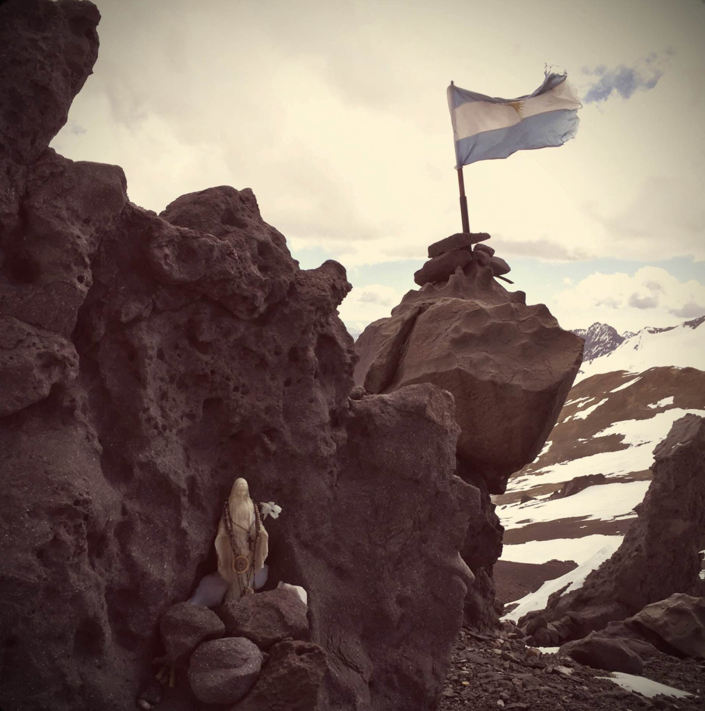 The flag of Argentina flies at Nido de Condores. The camp is where Swinhart mounted his summit bid when climbing Aconcagua.
