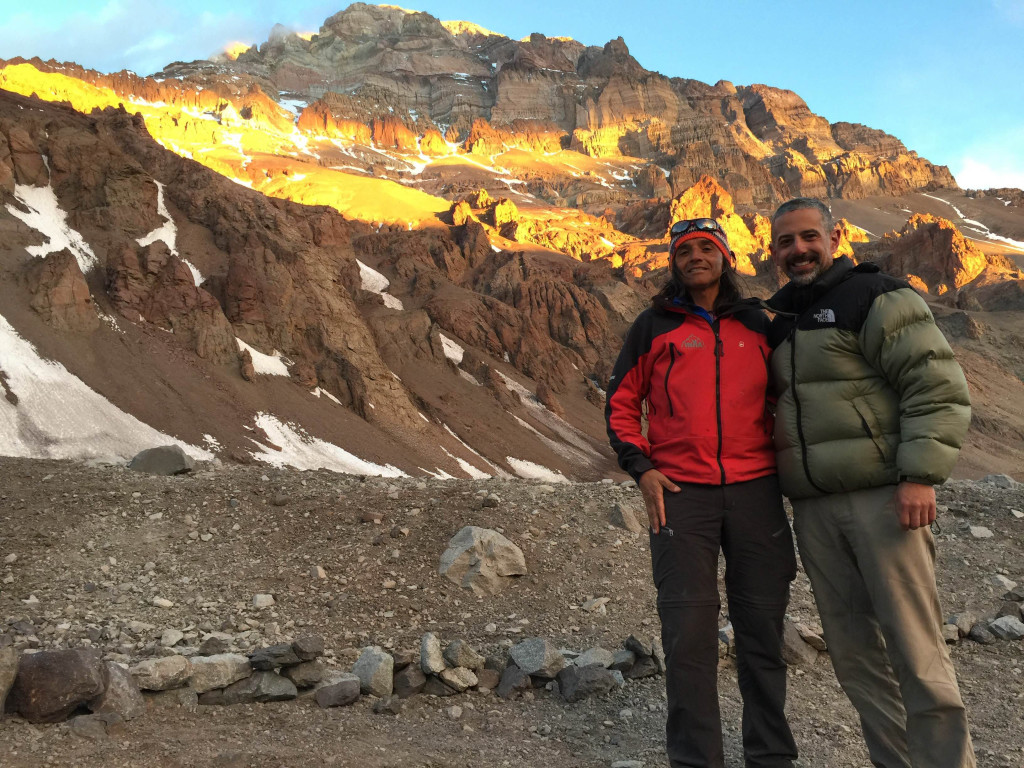 Swinhart, right, and Inka Outfitting Company Manager Juan Pedro, whom he hired for logistics services, at Plaza de Mulas basecamp.