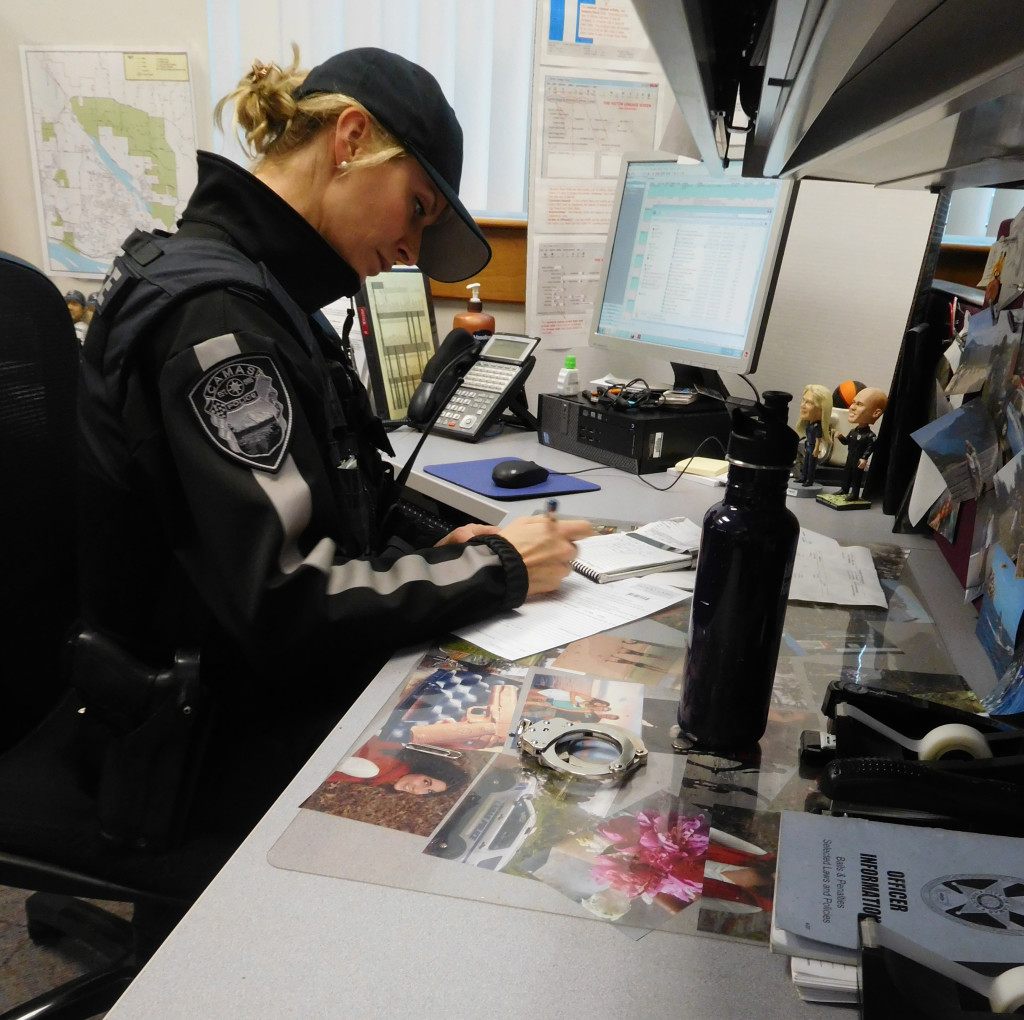 Part of a police officer's day involves filling out crime reports. This is Debrah Riedl's 20th year with the Camas Police Department. 