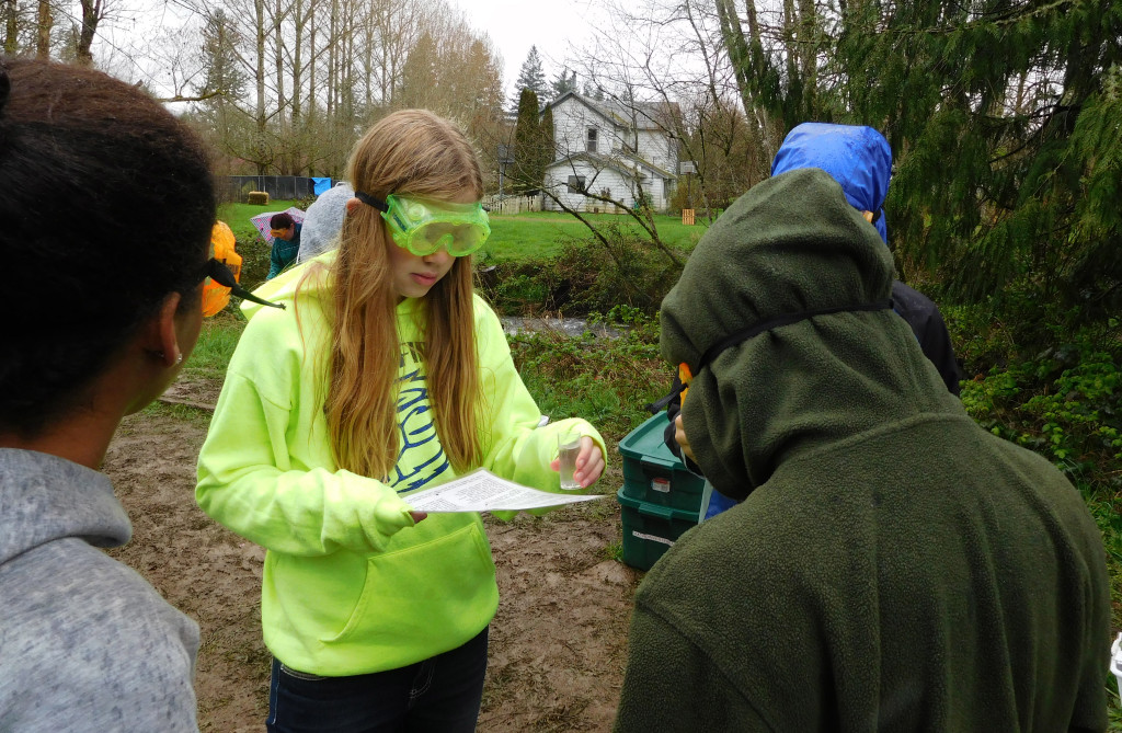 Natalie Galloway and her group discuss testing for phosphate levels at Gibbons Creek.