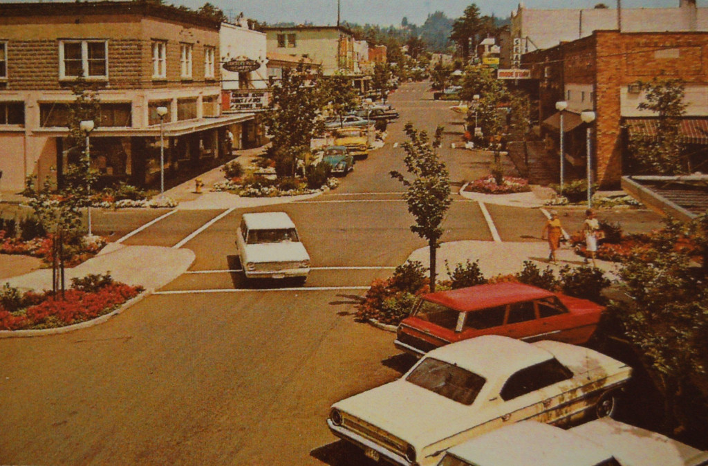 The downtown Camas shopping park was completed in May 1967. Trees, flowers and bushes were planted. Thirty-four ornamental lights were erected to replace mercury vapor lights. Sidewalks were widened, to accommodate the addition of four canopies, also referred to as "mushroom umbrellas," and the installation of 25 redwood benches. The effort was the first phase of Operation 4-Sight. (Contributed photos)