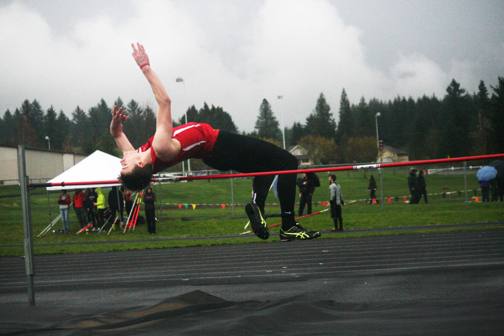 Cooper McNatt clears the high jump bar set at 5 feet, 6 inches. He also won the javelin and the triple jump March 22, at Cardon Field.