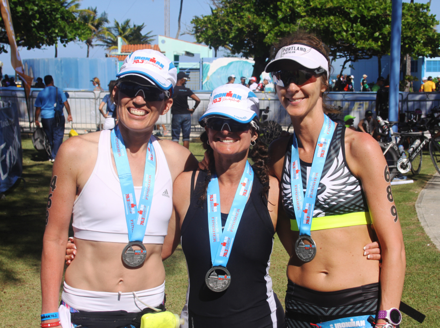 Camas friends Alisa Wise, Denise Clegg and Liana Gulzow (left to right) conquered the Ironman 70.3 Puerto Rico together March 20. Wise completed the 1.2-mile swim, 56-mile bike ride and 13.1-mile run in 7 hours, 26 minutes, 58 seconds. Gulzow crossed the finish line in 6:48:02 and Clegg finished in 8:05:17. (Contributed photos)