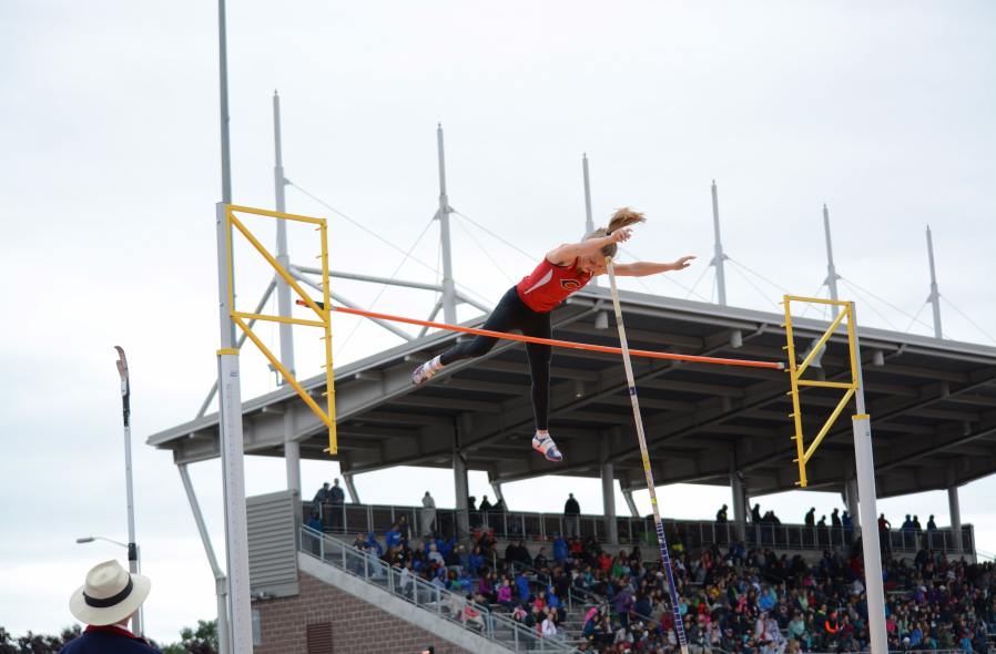 Caleigh Lofstead secured the state championship for the second year in a row with this vault of 11 feet, 9 inches, Saturday, at Mt. Tahoma Stadium, in Tacoma. The Camas High School senior topped out at 12-3 on a windy day. 