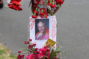 A memorial for Camas resident Bill Jessett, with flowers, cards, balloons and notes, decorated a street sign at the corner of Northeast Third Avenue and Hayes Street. Jessett, 88, died at the intersection Wednesday, when the car in which he was a passenger was involved in a collision. 