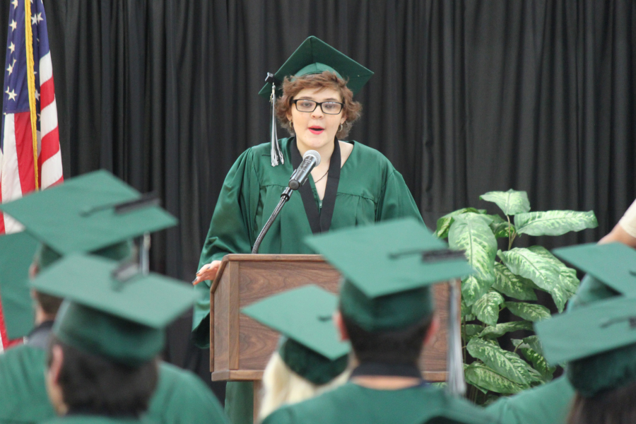 Kaysa Lake addresses her fellow graduates at the Hayes Freedom High School graduation ceremony. 