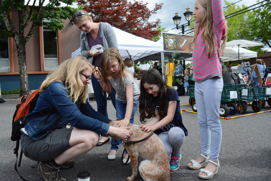 Kids cannot resist petting dogs, and Gillian is willing to oblige. Wednesday was her first visit to Camas.