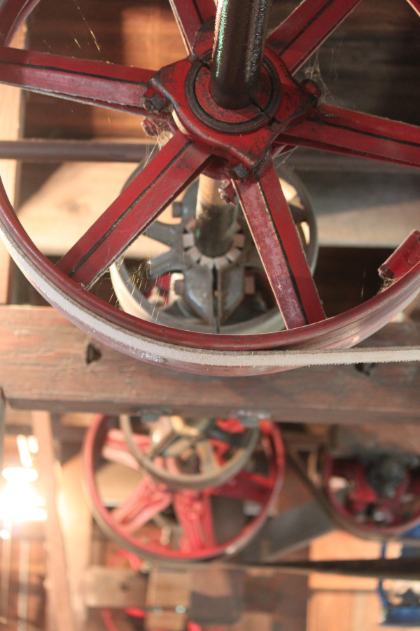 A series of pulleys and belts work together to operate the Buhr mill at the Cedar Creek Grist Mill in Woodland.