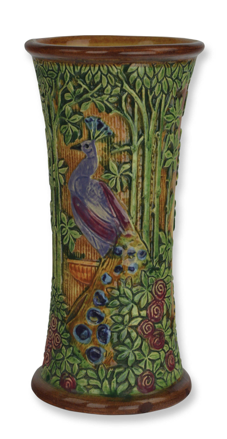 The glazed ceramic Selma-Knifewood Peacock vase, from the late 1910s, is among the pottery from the Fred L. Mitchell Collection on display at the Maryhill Museum of Art. (Photo contributed by the Maryhill Museum of Art)