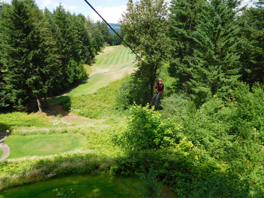 There's no looking back for this mountain biker after he takes the plunge on this 900-foot zip line at Skamania Lodge. Once they reach the other side, wide eyed and with a big smile on their face, most riders say this is their favorite line of the tour.
