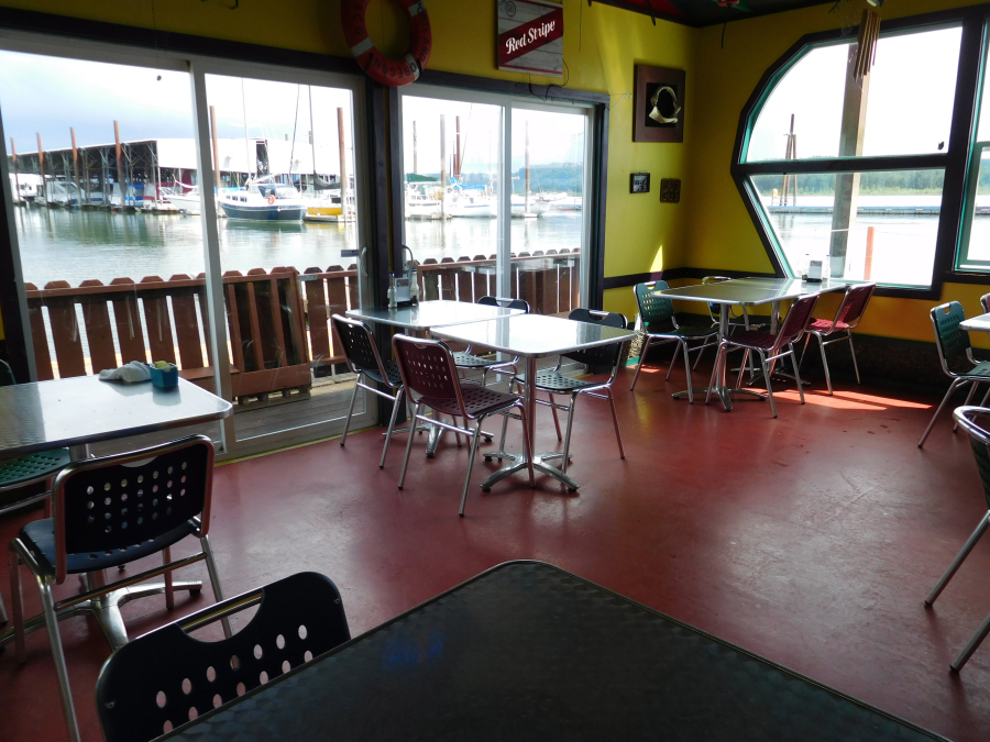 The Puffin Cafe features views of the Columbia River and the Port of Camas-Washougal marina and boat launch ramp.