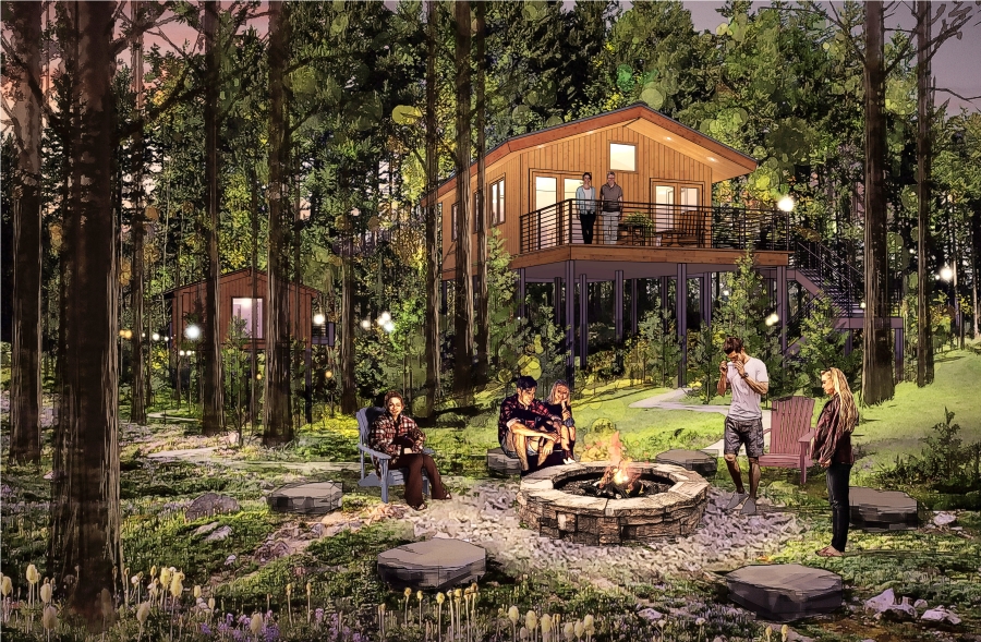 An architect's rendering shows what the exteriors of the Skamania Lodge tree houses will look like, once complete.