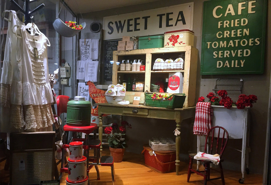 Fried green tomato mixes, fried pickles and a special dipping sauce, sweet tea hand soap, lotion and bar soap are a few of the new things at Camas Antiques. Owner JoAnn Taylor's window display features these new offerings, along with other Southern style items.