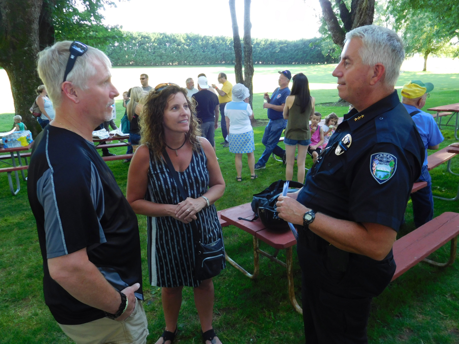 Camas Police Chief Mitch Lackey talked to attendees of the appreciation event. 