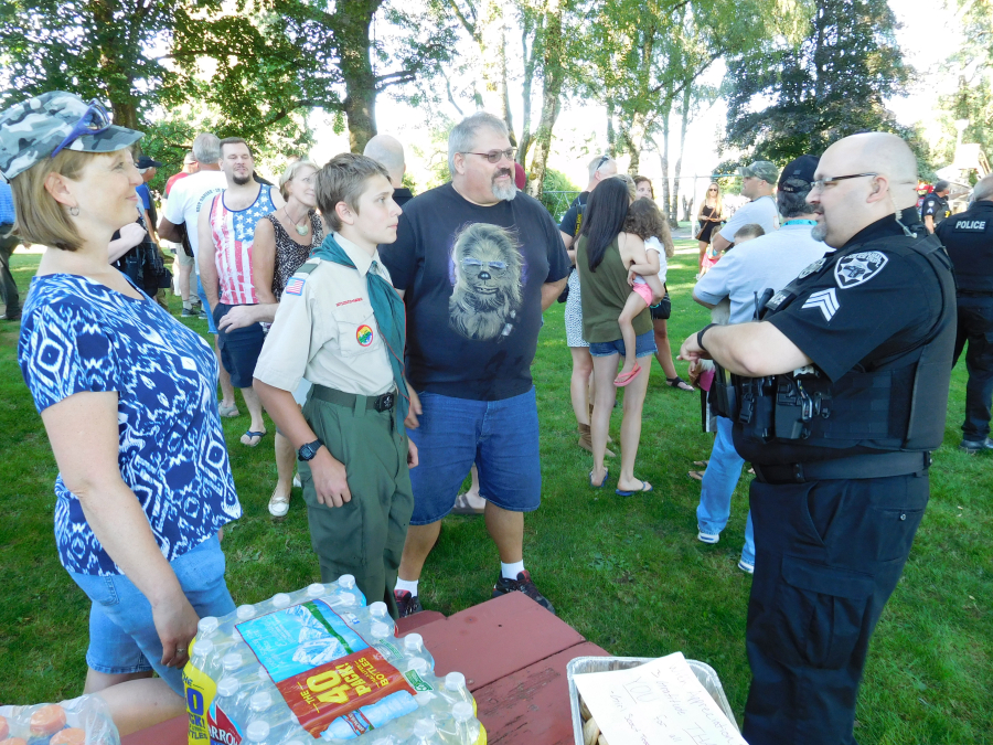 Washougal Police Sgt. Geoff Reijonen greeted area residents at the law enforcement appreciation event. It was hosted by Washougal Mayor Sean Guard and Camas Mayor Scott Higgins.