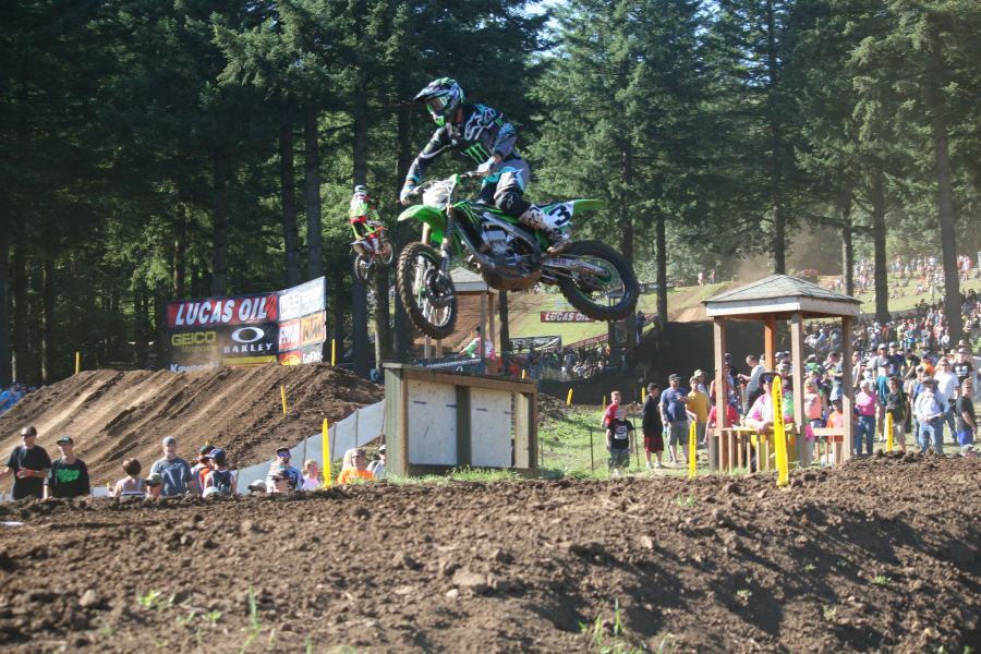 Eli Tomac (3) won the 450 Class moto 2, in the Peterson CAT Washougal National, Saturday at Washougal Motocross Park. He placed second in the first moto and captured the overall win in the 450 class.