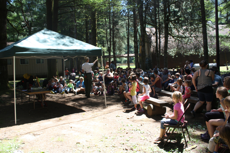 Camp participants gather to listen to a presentation by representatives from the US Forest Service and "Smokey Bear." (Contributed photo)