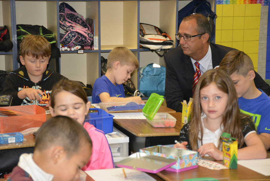 Superintendent Mike Stromme visits with students at Gause Elementary on the first day of school Wednesday, Sept. 7. (Contributed photo)