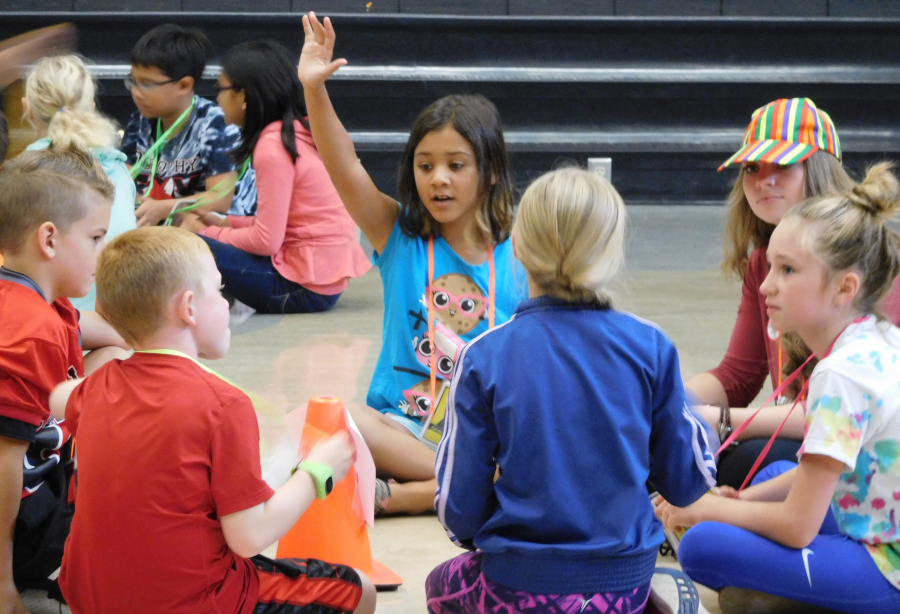 Dorothy Fox students learn more about each other during a team building exercise at the school wide leadership workshop for fourth- and fifth-graders. 