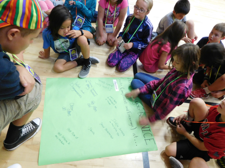 Students create posters to show how to be "NICE" which stands for Notice Others to Invite, Compliment and Encourage. They thought of ways to do this online, in the hallways, on the playground and in the classroom. The small group activity was part of the "Walk, Talk and Rock Like a Leader," workshop.