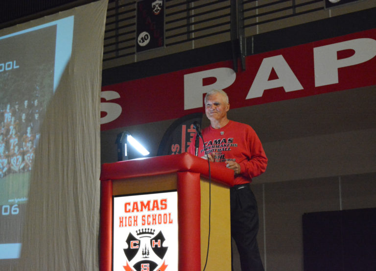 Bob Holman returned to Camas to be inducted into the Hall of Fame as a coach. He took over a struggling football program in 1997 and turned it into a powerhouse. During Holman's 11 seasons as head coach, the Papermakers reached the playoffs seven times and made four appearances in the state tournament.