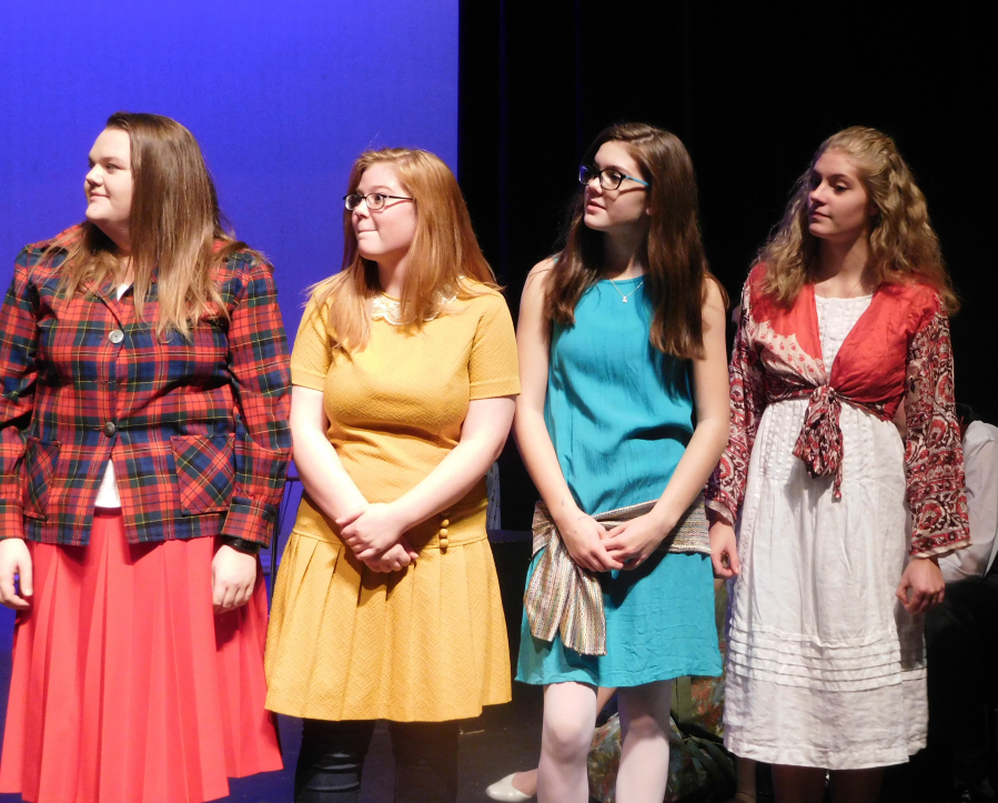 The narrators of Failure watch the action on stage. Left to right are Rachel Lyall, Mady Turner, Courtney Dillman, and Brittyn Slocum.