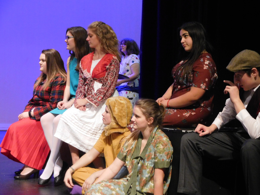 The ensemble from Failure watches on, left to right: Rachel Lyall, Courtney Dillman, Brittyn Slocum, Abigail Moreland, Victoria Corkum, Madison Wilcox, Shelby Brock and Braden Harness. 