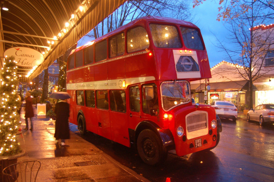 This double decker bus, owned by Camas residents Minda and Kevin Coombs, will once again be a highlight at the Holiday Sip and Shop Thursday, Dec. 8. (Contributed photo)