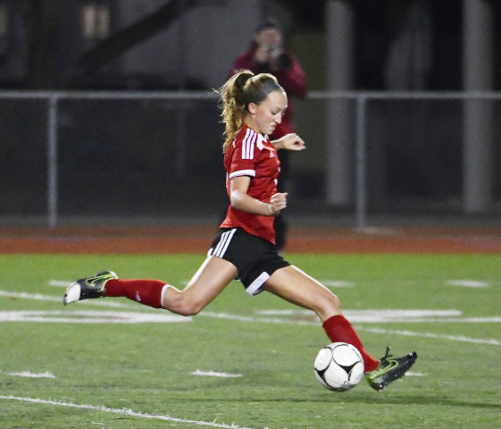 Sabine Postma delivers a 30-yard goal midway through the second half Saturday. Photo by Kris Cavin.