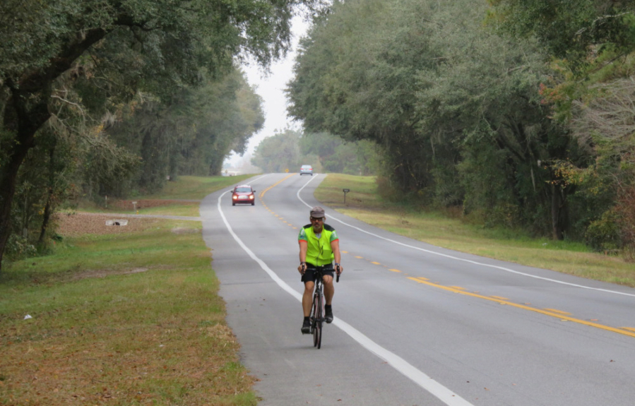 Wind, rain and elevation were foes during the ride from San Diego to St. Augustine, Fla. Here, Tom enjoys a break in the showers a few days before the end of his cross country ride. (Photo courtesy of Louise Baltes)