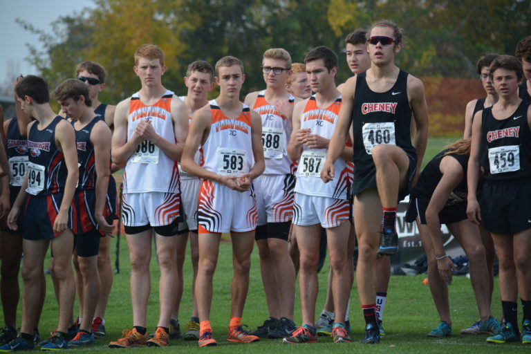 The Washougal High School boys cross country runners get focused for the 2A boys state championship race on the Sun Willows Golf Course in Pasco.