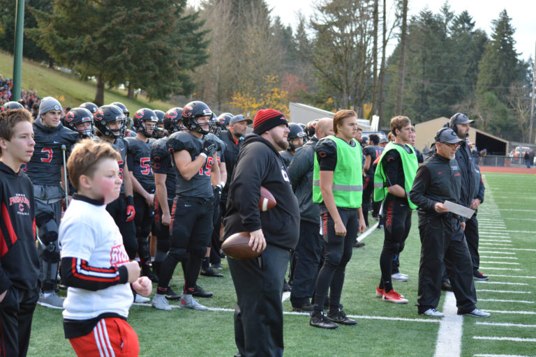 The Camas sideline at McKenzie Stadium.