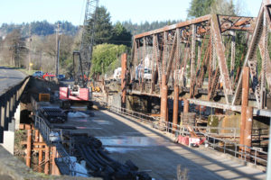 Work continued Tuesday on the $10 million BNSF Railway Washougal River bridge replacement project. According to Spokesman Gus Melonas, the new bridge will be put into place in late April or early May. The current structure was originally built in 1908. 