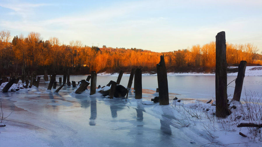 The Washougal River Greenway Trail pond was completely frozen over, a rarity in this area. 