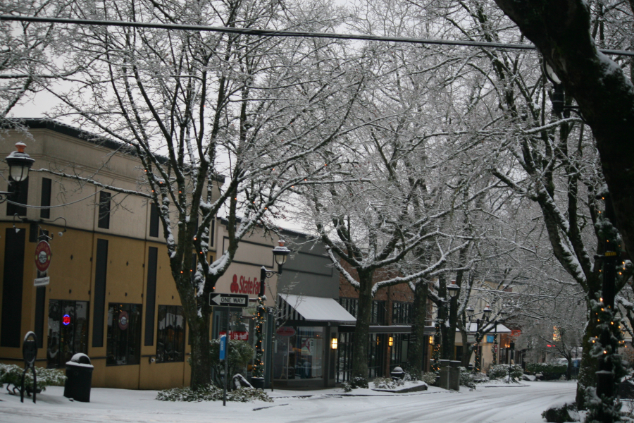 Downtown Camas was picturesque on Monday, Jan. 9, after the first of two snowstorms hit the Clark County area. Higher temperatures and rain are predicted for this week. 