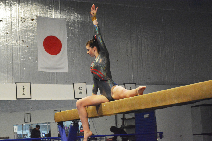 Charlotte Burton completed her first beam routine of the season without losing her balance. The CHS senior earned fifth place in the all-around competition with 33.95 points.