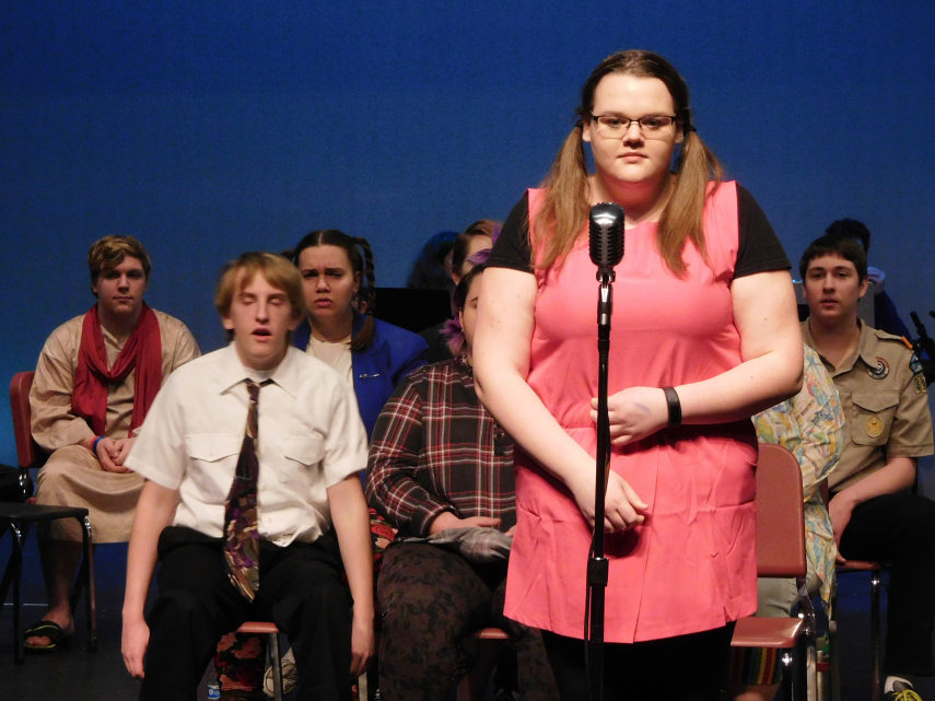 Olive Ostrovsky, played by Rachel Lyall, tries to figure out a spelling word. 'The 25th Annual Putman County Spelling Bee,' will open Thursday at Washougal High School.